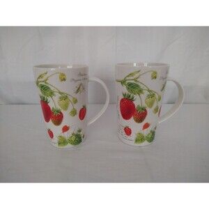 Set of 2 Kent Pottery Strawberry Script Design Tall White Porcelain Coffee Mugs